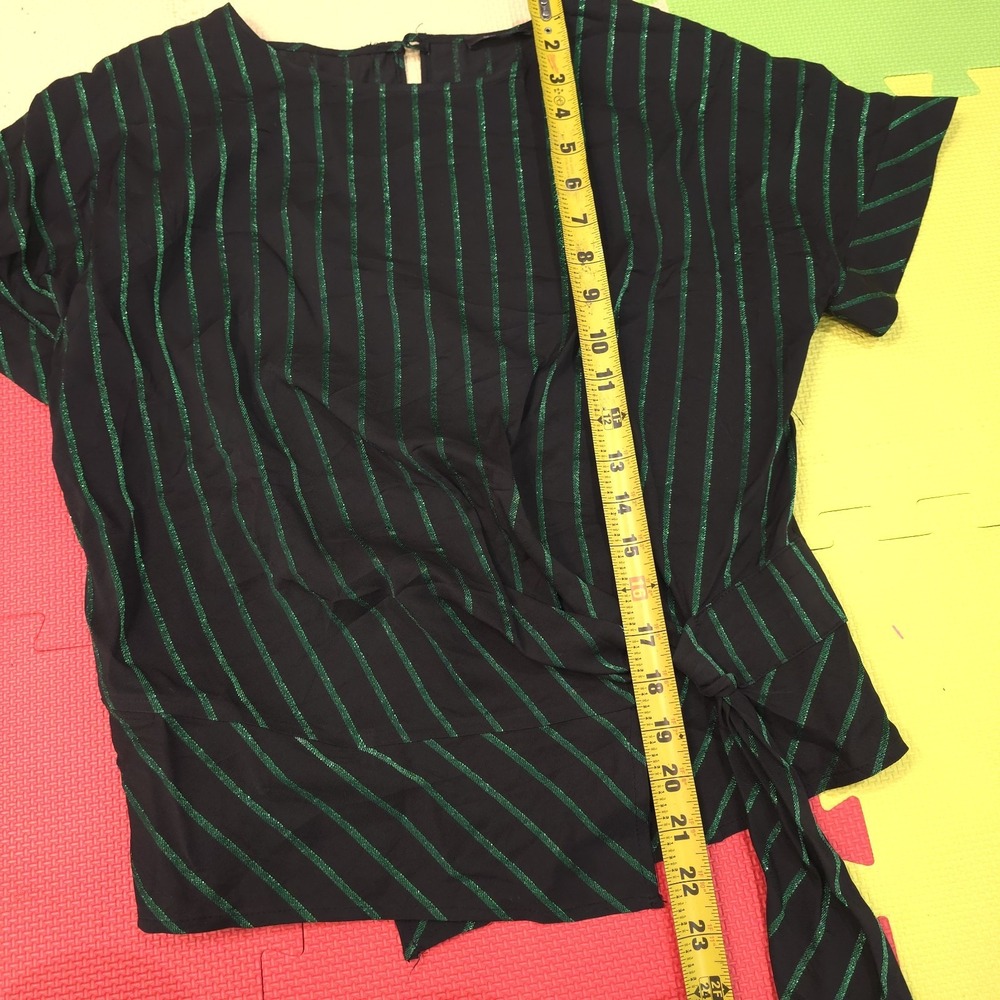 Hanita Italy Women's Metallic Green Striped Wrap Top Sz XS Black Shimmer Blouse‎